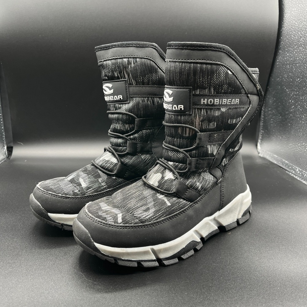 Hobibear Boys 6.5 Snow Boots Black and Gray Faux Fur Warm Mid Calf Pull On Boots